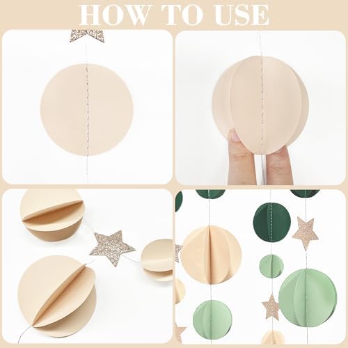Champagne Gold Sage Green Beige 3D Polka Dot Star Hanging Streamer Circle Dot Star Garland Banner for Neutral Birthday Wedding Engagement Safari Jungle Woodland Party Decorations Supplies - Image 3