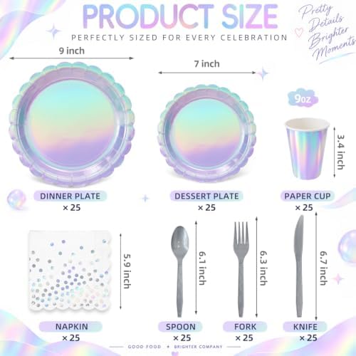Iridescent Party Dinnerware Set, 175 Pcs Scalloped Paper Plates, Cups, Polka Dot Napkins and Plastic Cutlery, Serves 25 - Image 4