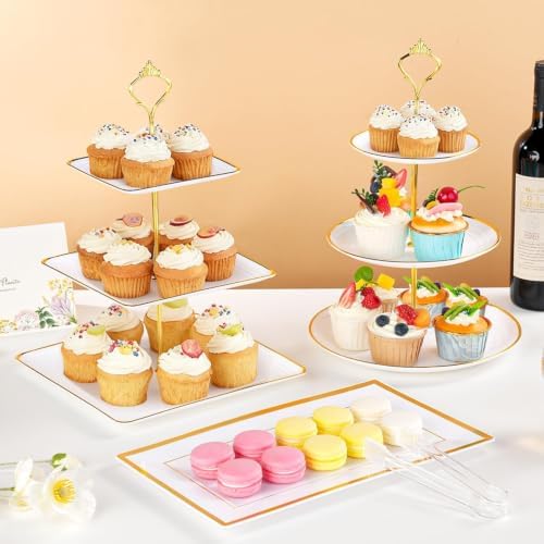 13 Pcs Dessert Display Set, 6 3-Tier Cupcake Stands, 4 Trays & 3 Tongs - Image 2