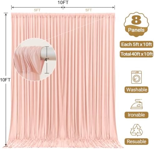 40x10ft Blush Pink Backdrop Curtain Panels for Parties - Wrinkle Free Polyester Photo Curtain Backdrop Wedding Back Drop Fabric Drapes for Party Decorations Background for Photography - Image 5