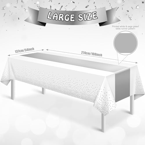 MASHAN 6Pcs White and Silver Polka Dot Plastic Tablecloth, 54x108 Inch, Rectangular, Waterproof, Spill-proof, Stain Resistant, Ideal for Various Themed Parties, 6 Count - Image 2