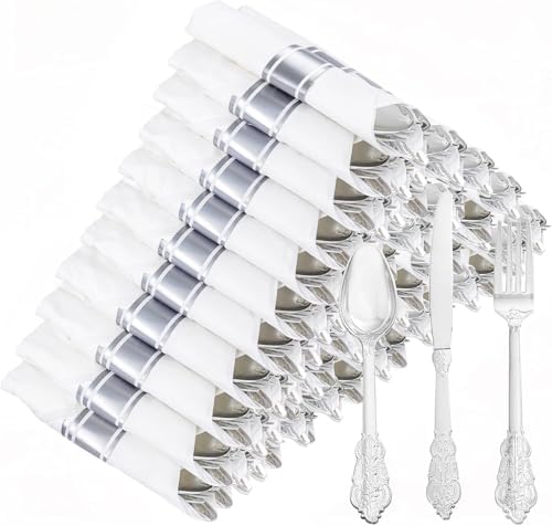 50Guests Pre Rolled Silver Plastic Silverware Sets - Heavy Duty Silver Cutlery - Include 50 Pack Wrapped Disposable Utensils with Napkins for Parties & Dinners & Weddings by Joyido