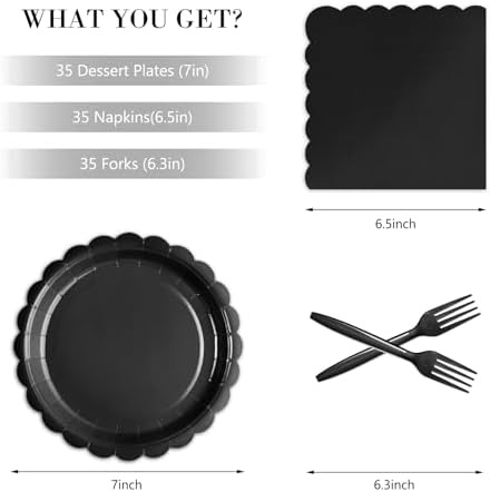105PCS Black Paper Plates & Napkins Set, 7inch Scallope, with Forks - Image 2
