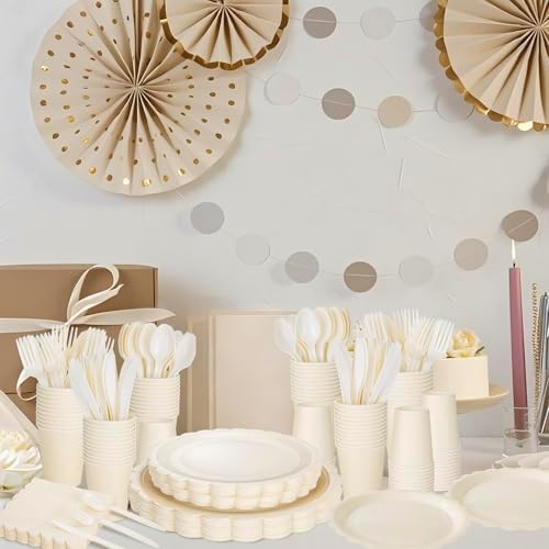 LIYH 350 Pcs Ivory Paper Plates and Napkins 50 Guest Cream Party Supplies Include Ivory Scalloped Disposable Paper Plates Cocktail Napkins Cups Spoons Forks Knives for Baby Shower,Birthday - Image 4
