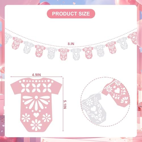 AmazingSpark White and Pink 4 Set Cielito Lindo Baby Shower Garland 48 Pcs Papel Picado Party Decoration Mexican Lace Baby Bodysuit Banner Card with Hanging String for Gender Neutral Party Supplies - Image 2