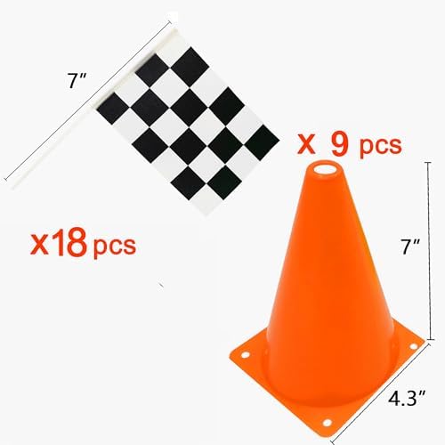 9 Pack 7inch Orange Race Cones with Holes on Top,18 Pack Checkered Flags,Racing Car Birthday Party Decorations,Two Fast Centerpieces,Race Cars Themed Party Supplies - Image 2