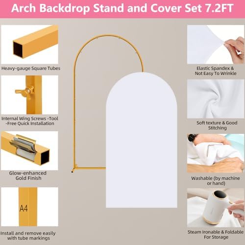 Metal Arch Backdrop Stand and Cover Set, 7.2FT Gold Wedding Backdrop Arch Frame Stand with Cover, Balloon Arch Stand with White Arch Cover for Party Birthday Baby Shower Graduation Decorations - Image 4