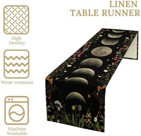 Moon Mushroom Table Runner Vintage Moon Phase Floral Moonlit Wildflower Botanical Seasonal Spring Autumn Natural Dinner Runner for Farmhouse Kitchen Dining Table Holiday Party Decoration 13"x120" - Image 4