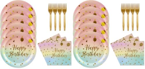 48PCS Happy Birthday Plates and Napkins Party Supplies, Colorful and Gold Disposable Paper Plates and Napkins with Forks Tableware Set for Birthday Party Decorations 16 Guests (Colorful) (Pack of 2) by KFJBPB