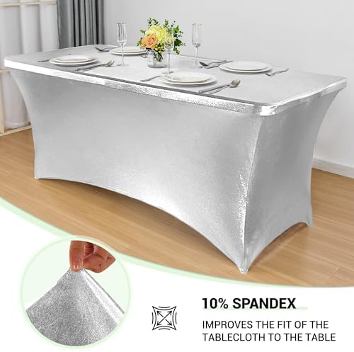 Obstal 6ft Stretch Spandex Table Cover, 2 Pack, Stamping Silver - Image 2