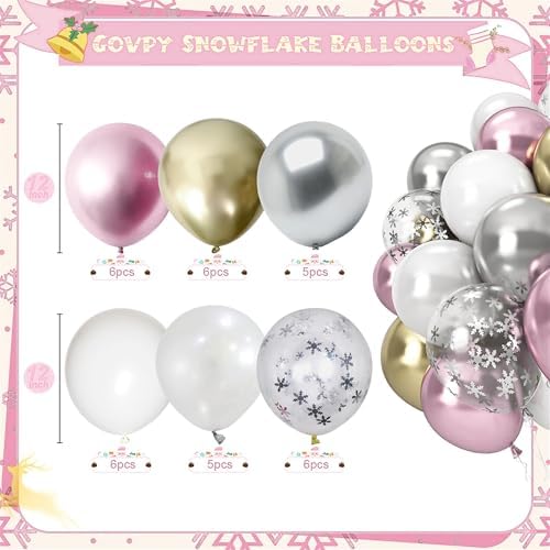 Pink White Winter Wonderland Snowflake Balloons Set, Metallic Light Pink Gold Silver White Snowflake Confetti Balloons for Girl Christmas Birthday Winter Onederland Baby Shower Xmas Party Decorations - Image 2