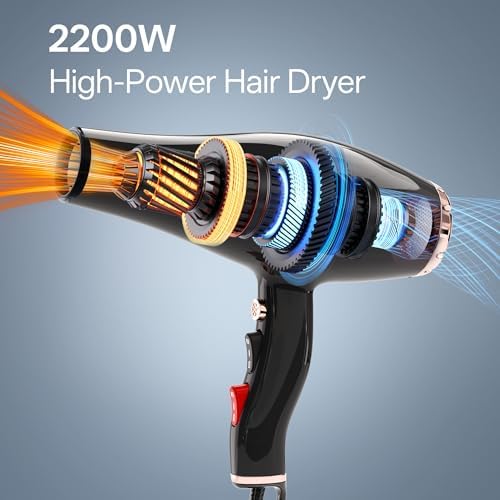 VAGARY Professional Salon 2200W Blower Dryer with Diffuser Concentrator Nozzles,Negative Ionic Blow Dryer,Low Noise Hair Dryers,2 Speeds and 2 Heat Settings 1 Cool Shot Button - Image 2