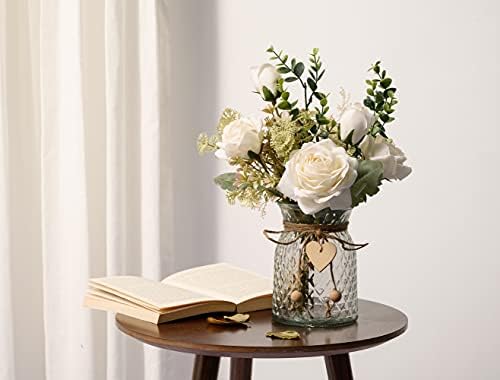 YJ Fake Flowers with Vase, Silk Roses Artificial Flowers in Vase, Faux Flower Plant Arrangement Suitable for Home Office Decoration, Dining Table Centerpiece(White) - Image 2