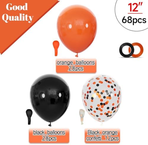 68Pcs Black and Orange Balloons, 12 inch Orange Black Latex Balloon Set with Confetti Ribbons Reusable, Fade-Resistant for Halloween, Graduation Spooky Party Decorations. - Image 2