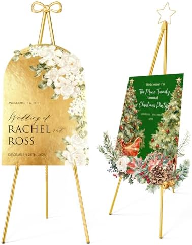 Interchangeable Bow & Star Top Gold Easel Stand for Sign, 62"–47" Height Adjustable Heavy Duty Wedding Easel Stand with 3 Display Modes — Perfect for Welcome Signs, Christmas Decor, Parties & Events by Furosa