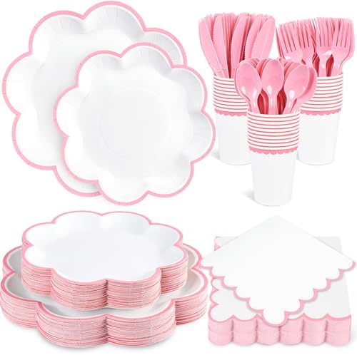 350 Pcs Pink and White Paper Plates and Napkins Set,Tableware for 50 Guest by Unknown