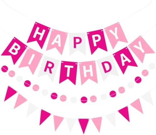 Pink White Happy Birthday Banner Hanging Sign Circle Dot Triangle Bunting by Unknown