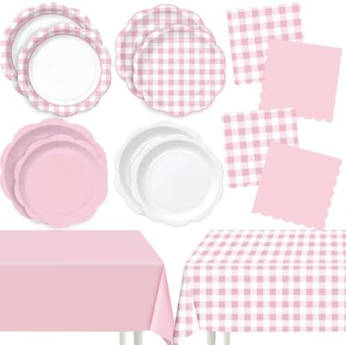 LemonRoad 100 Pcs Pink Gingham Paper Plates Napkins Plastic Tablecloth Set for 24, Pink and White Disposable Dinner Dessert Scalloped Plates for Baby Shower Picnic BBQ Birthday Party Supply Decoration by Unknown