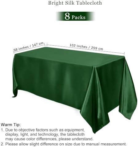 TURSTIN 8 Pack Dark Green Satin Tablecloth 102 x 58'' Overlay Table Cover - Image 2