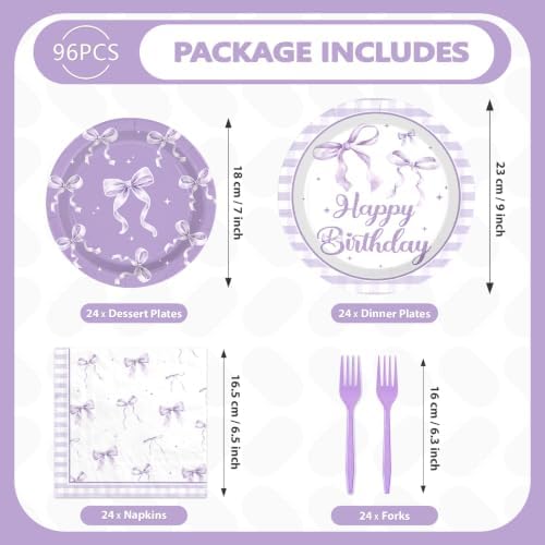 96Pcs Purple Bow Birthday Party Supplies for Girls Serves 24 - Image 5