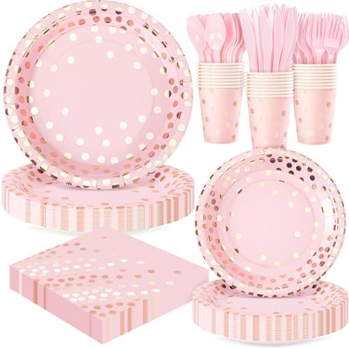 Pink Rose Gold Dots Party Plates,168PCS Birthday Tableware Party Supplies by FightingtoAchieve