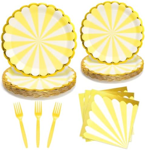 96PCS Yellow Party Paper Plates with Gold Scalloped Edge, Yellow Scalloped 9inch 7inch Dessert Paper Plates Party Supplies for Birthday Bridal Shower Picnic, Serve for 24 Guests, Striped by WelcometoUVTQSSP