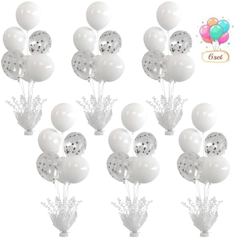 6 Set White Table Balloons Centerpiece with White and Confetti Balloons Stand Kit for Birthday Party Baby Shower Wedding Bridal Shower Prom Cake Table Decorations by Suppromo