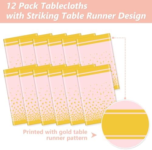 LANLISA Pink and Gold Tablecloth Party Decorations 12 Pack, Disposable Plastic Table Cloths for Baby Shower Birthday Wedding Party Decor - Image 4