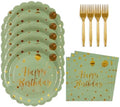 48PCS Happy Birthday Sagegreen and Gold Plates&Napkins Party Supplies by BOKFJBP