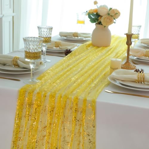 3Pcs Mustard Yellow Gold Table Runner Metallic Foil Sheer Gauze 10ft - Image 4