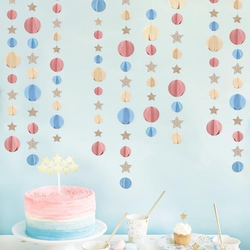 Champagne Gold Dusty Pink Blue Beige 3D Polka Dot Star Hanging Streamer Circle Dot Star Garland Banner for Boho Gender Reveal Birthday Engagement Wedding Party Decorations Supplies - Image 7