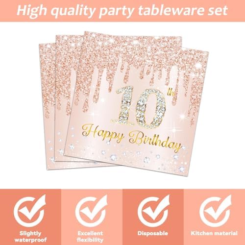 96 Pcs 10th Birthday Decoration for Girls Rose Gold 10th Birthday Plates and Napkins Party Supplies Rose Gold Pink Happy 10 Years Party Disposable Tableware Set for 24 Guests Party Decoration - Image 4