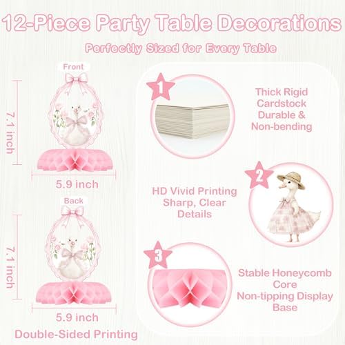 12 Pcs Pink Goose Baby Shower Decorations for Girl - Goose Baby Shower Centerpieces for Tables - Vintage Pink Goose Honeycomb Table Decor with Bow Floral for Girl Baby Shower 1st Birthday - Image 2
