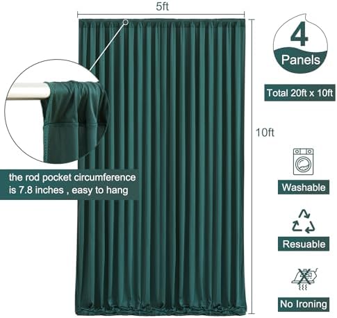 4 Panels Hunter Green Backdrop Curtain for Parties Wrinkle Free Dark Green Photo Curtains Backdrop Drapes Fabric Decoration for Baby Shower Birthday Party Photography 20ft(W) x 10ft(H) - Image 5