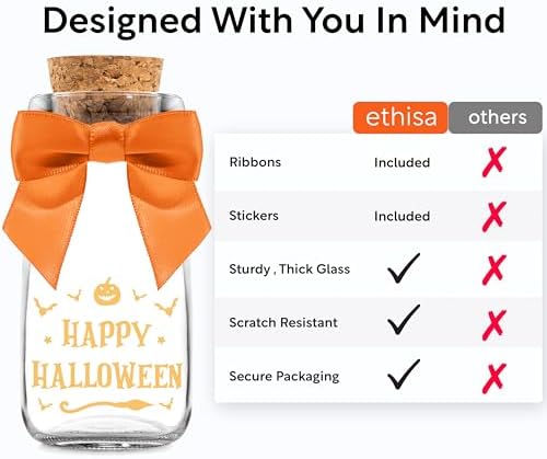 Ethisa Vintage 12 Pack Halloween Glass Jars with Ribbons and Stickers - Candy Party Favors for Trick or Treat - Halloween Party Favors and Table Centerpieces Decorations - Halloween Theme Potion Jars - Image 4