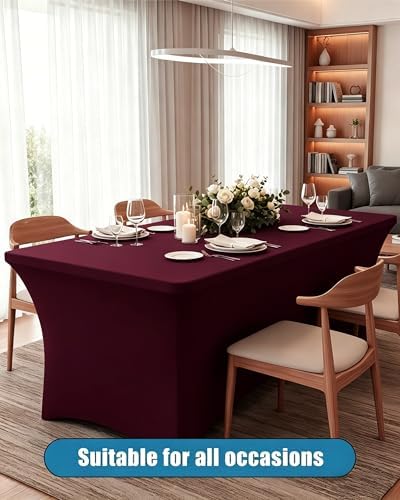 6FT Burgundy Table Cloth - 2 Pack Fitted Stretch Rectangle Spandex Tablecloth, Washable Table Cover for Party, Picnic, Wedding, Banquet, Birthday and Festival(30" x 72") - Image 2