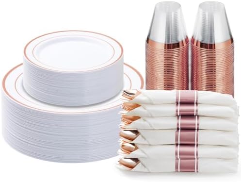 BESTVIP 175 Piece Rose Gold Plastic Dinnerware Set for 25 Guests by Bestvip