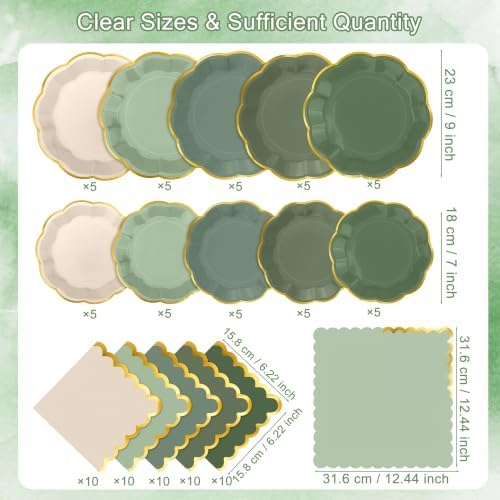 Kochorie 100 Pcs Sage Green Scalloped Paper Plates and Napkins - Image 2
