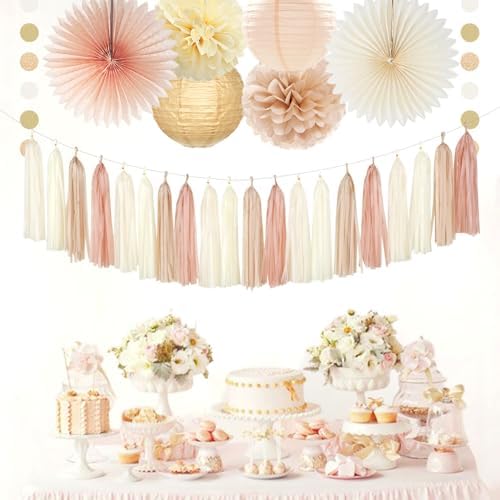 Champagne-Gold Beige 21st Happy-Birthday Party-Decorations - 31pcs Sweet 16 18th Women Girls Paper Lanterns Streamers Banner,Tissue Pom Poms Fans Tassels Graland Decor,Fall Boho Rose Backdrop Hugmoon - Image 2