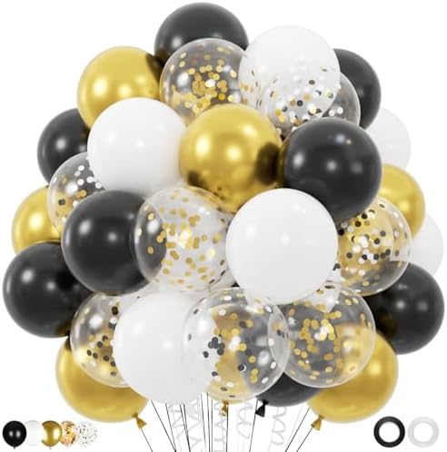 100pcs Black Gold and White Balloons with 12inch Metallic Gold and Black Confetti Balloons for Class of Graduation, 30th 40th 50th Birthday Party Decoration (with 2 Ribbons) by ZizasAry