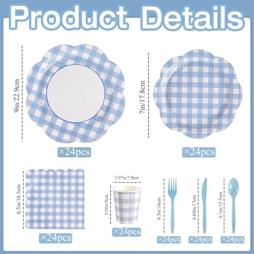 168Pcs Blue Gingham Scalloped Paper Plates and Napkins Set for 24 Guests - Image 2