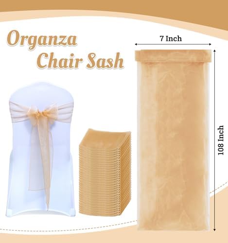 Pack of 25 Organza Chair Sashes for Wedding & Event Décor – Champagne Gold - Image 3