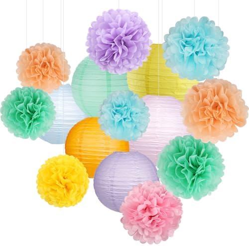 zilue Paper Lanterns and Paper Pom Poms Pastel Party Decorations 15pcs by zilue