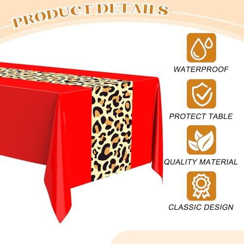 Buryeah 3 Pcs 54 x 108'' Plastic Disposable Leopard Tablecloth, Red - Image 4