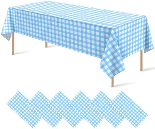 6Pack Light Blue and White Plastic Checkered Tablecloth, Premium Decorative Disposable Light Blue Gingham Plaid Tablecloth for Party, Rectangle Party Table Cover for Picnic Farm Birthday, 54x108 Inch by RAGNHILD