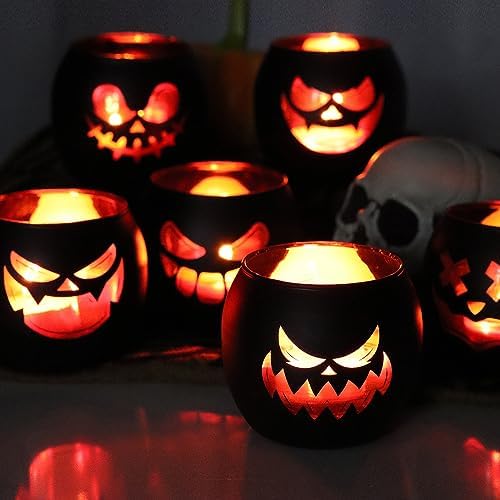 Black Halloween Table Centerpieces Candle Holders 6PCS, Jack O Lantern Tealight Votive Candle Holders, Indoor Halloween Decorations for Mantel Coffe Table Decor - Image 6