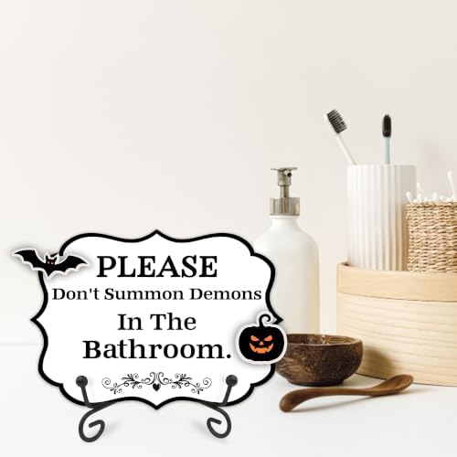 Halloween Table Sign 5x7 Inch Ghost Decor, Rustic Party Centerpiece with Metal Stand & 2 DIY Stickable Wood Decor, Please Don't Summon Demons In The Bathroom Decoration for Home & Party Display - B09 - Image 5