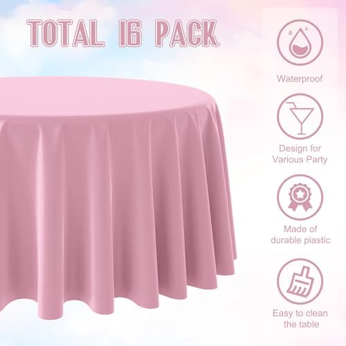 16 Pack Light Pink Plastic Tablecloth for Round Tables, Premium Decorative Pink Disposable Table Cloths for Parties, Bulk Round Party Table Cover for Birthday Wedding Anniversary Graduation, 84 Inch - Image 3
