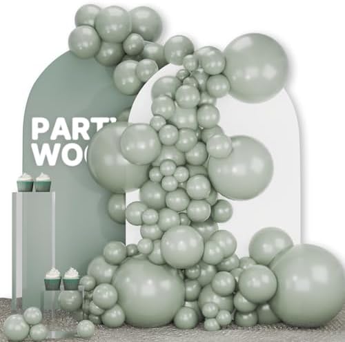 PartyWoo Dusty Green Balloons 140pcs Different Sizes Pack of 18 12 10 5 Inch Sage Olive Eucalyptus Green Boho Neutral Balloon Arch Kit for Jungle Woodland Theme Birthday Party Decorations Green-F59 by PartyWoo