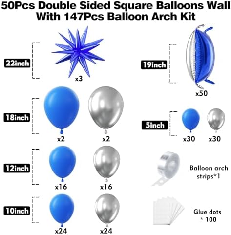 50pcs Navy Blue and Silver Square Foil Balloons Wall Backdrop with 147pcs Dark Blue and Silver Balloon Garland Arch Kit, Double Sided Balloon Tunnel for Birthday Graduation Party Decorations - Image 2